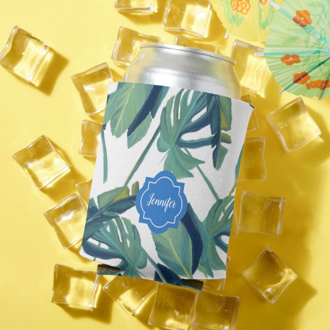 Tropical watercolor palm leaves pattern monogram can cooler (In Situ Summer)