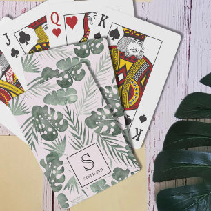 Tropical Watercolor Palm Leaves Pattern Monogram Playing Cards