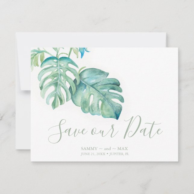 Tropical Watercolor Palm Leaves Save the Date (Front)