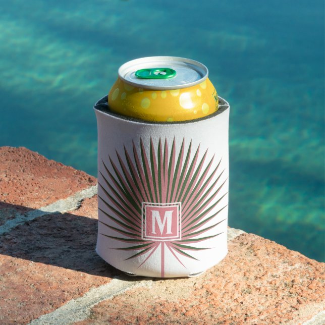 Tropical  Watercolor Palm Monogram Can Cooler (In Situ Pool)