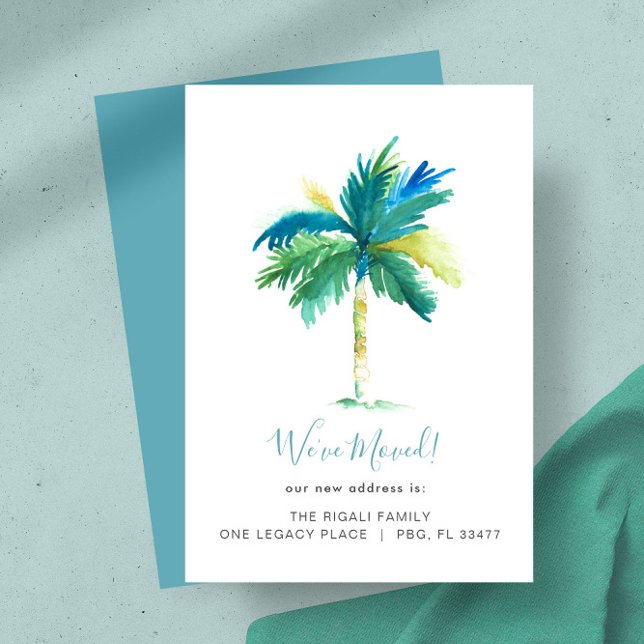 Tropical Watercolor Palm Tree Change of Address Announcement (New home moving announcements feature watercolor palm tree art by Victoria Grigaliunas DoTellABelle)