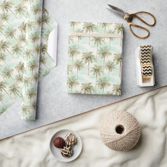 Tropical Watercolor Palm Trees Aqua and Tan Wrapping Paper (Crafts)