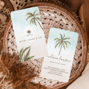Tropical Watercolor Palm Trees Boho Monogram Business Card