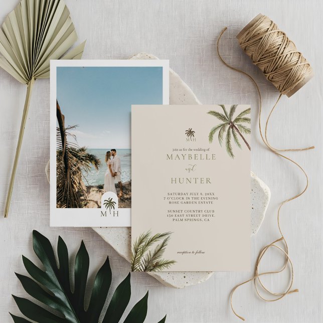 Tropical Watercolor Palm Trees Boho Wedding Photo Invitation (Tropical Watercolor Palm Trees Boho Wedding Photo Invitation)