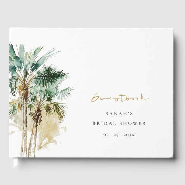 Tropical Watercolor Palm Trees Bridal Shower Guest Book (Front)