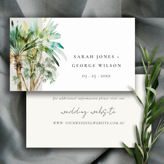 Tropical Watercolor Palm Trees Wedding Website Enclosure Card (Creator Uploaded)