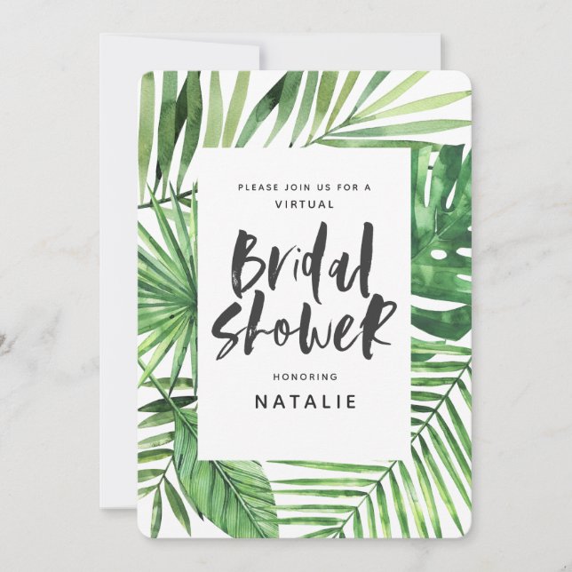 Tropical watercolor palm virtual bridal shower save the date (Front)