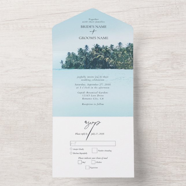Tropical Watercolor Palms & Beach Wedding All In One Invitation (Inside)