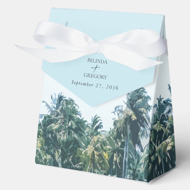 Tropical Watercolor Palms & Beach Wedding Favor Box (Front)