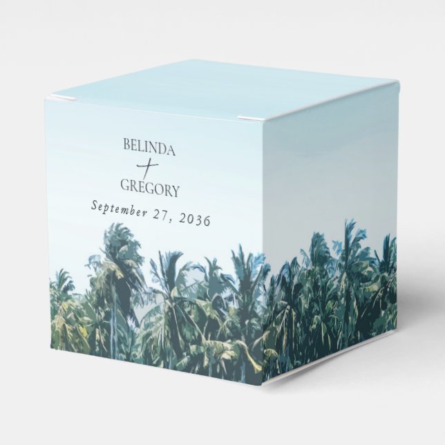 Tropical Watercolor Palms & Beach Wedding Favor Box (Front Side)