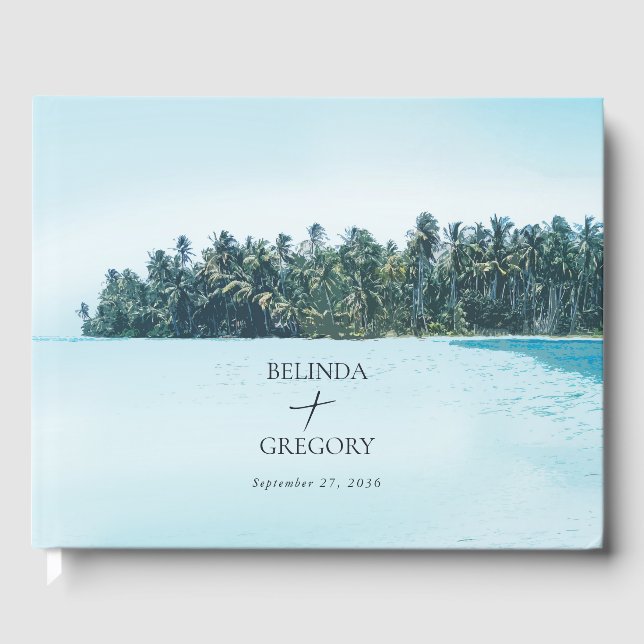 Tropical Watercolor Palms & Beach Wedding Guest Book (Front)