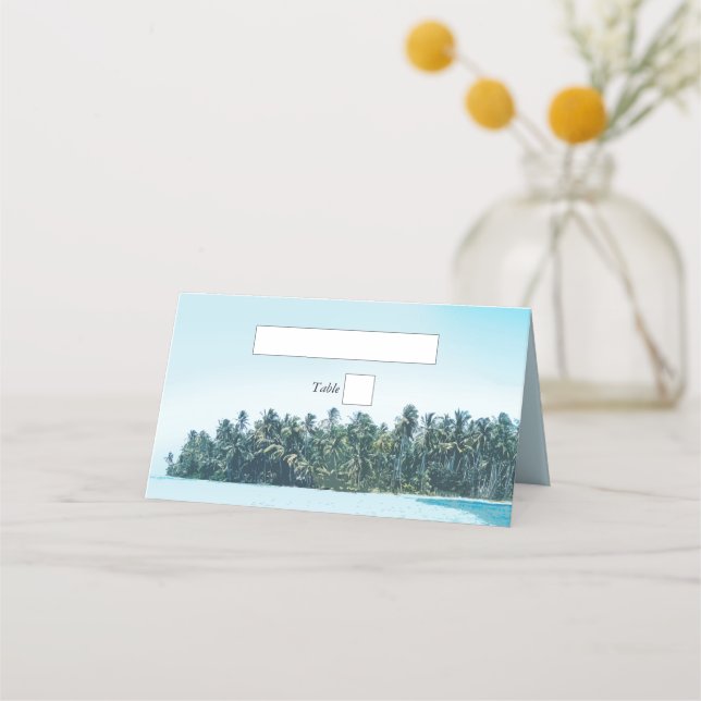 Tropical Watercolor Palms & Beach Wedding Place Card (Front)