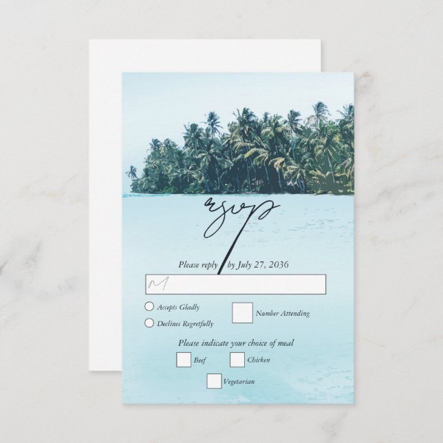 Tropical Watercolor Palms & Beach Wedding RSVP Card (Front/Back)