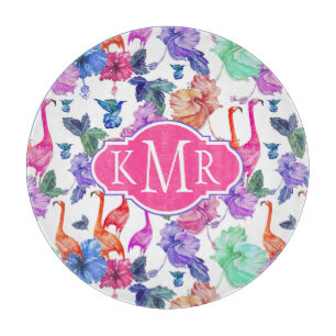 Tropical Watercolor Pattern Monogram Cutting Board