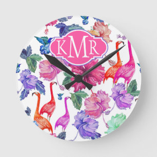Tropical Watercolor Pattern Monogram Round Clock