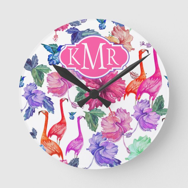 Tropical Watercolor Pattern | Monogram Round Clock (Front)