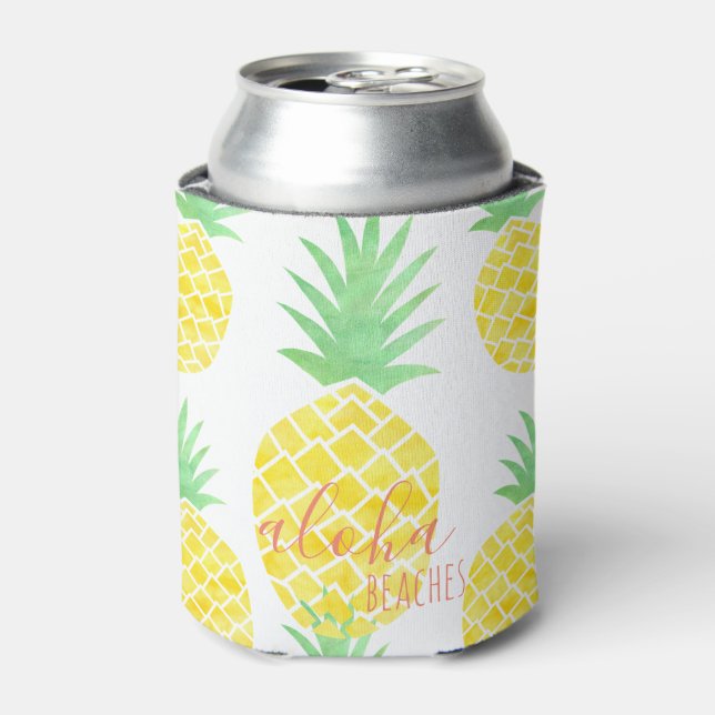 Tropical Watercolor Pineapple Aloha Beaches Can Cooler (Can Front)