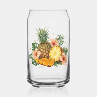 Tropical Watercolor Pineapple and Hibiscus Floral  Can Glass