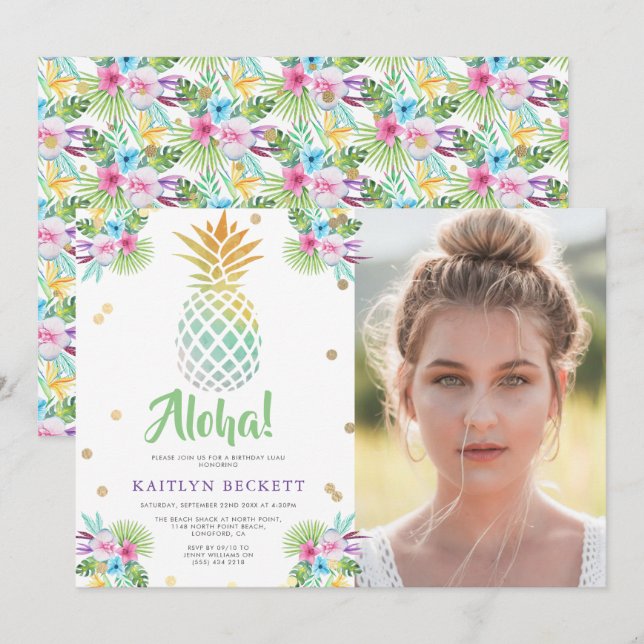 Tropical Watercolor Pineapple Birthday Photo Luau Invitation (Front/Back)
