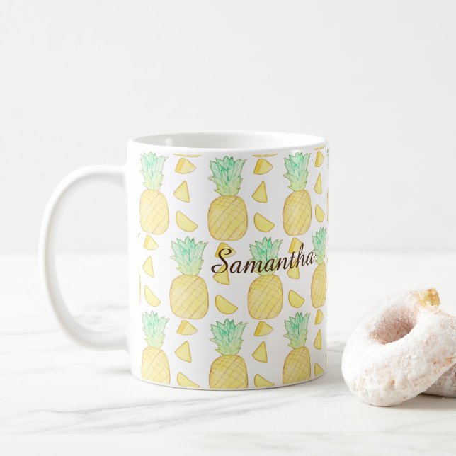 Tropical Watercolor Pineapple  Coffee Mug (With Donut)
