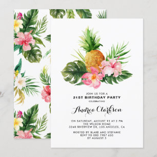 Tropical Watercolor Pineapple Floral Birthday Invitation