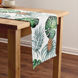 Tropical watercolor pineapple painting on white short table runner