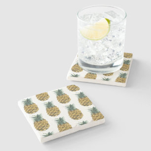 Tropical Watercolor Pineapple Seamless Pattern Stone Coaster