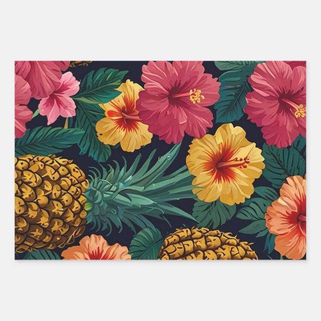 Tropical Watercolor Pineapple Seamless Pattern Wrapping Paper Sheet (Front)