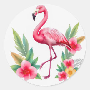Tropical Watercolor Pink Flamingo Floral Hawaiian Classic Round Sticker