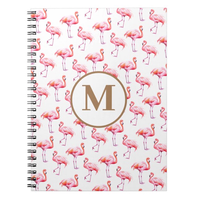 Tropical Watercolor Pink Flamingo Gold Initial Notebook (Front)