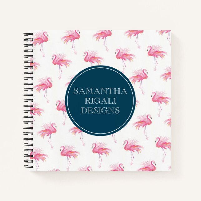 Tropical Watercolor Pink Flamingos Personalized Notebook (Front)
