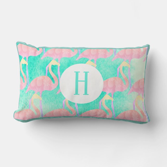 Tropical Watercolor Pink Flamingos & Teal Lumbar Pillow (Front)