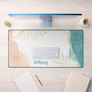 Tropical Watercolor Pink Gold Leaf Personalized Desk Mat