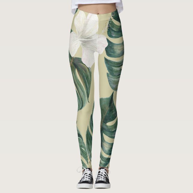 Tropical watercolor plants: seamless pattern. leggings (Front)