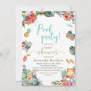 Tropical Watercolor Poolside Summer Baby Shower Invitation