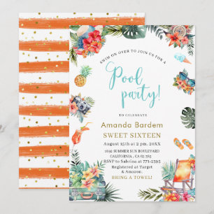 Tropical Watercolor Poolside Summer Sixteen Birthd Invitation