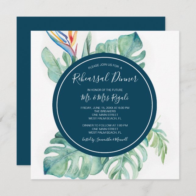 Tropical Watercolor Rehearsal Dinner Invitation (Front/Back)