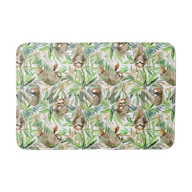 Tropical Watercolor Sloth Pattern Bath Mat (Front)
