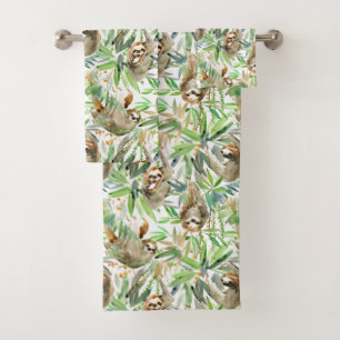Tropical Watercolor Sloth Pattern Bath Towel Set