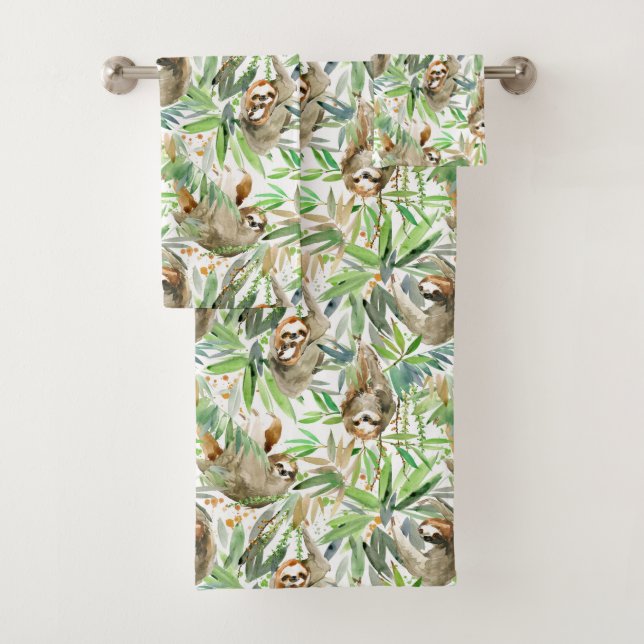 Tropical Watercolor Sloth Pattern Bath Towel Set (Insitu)