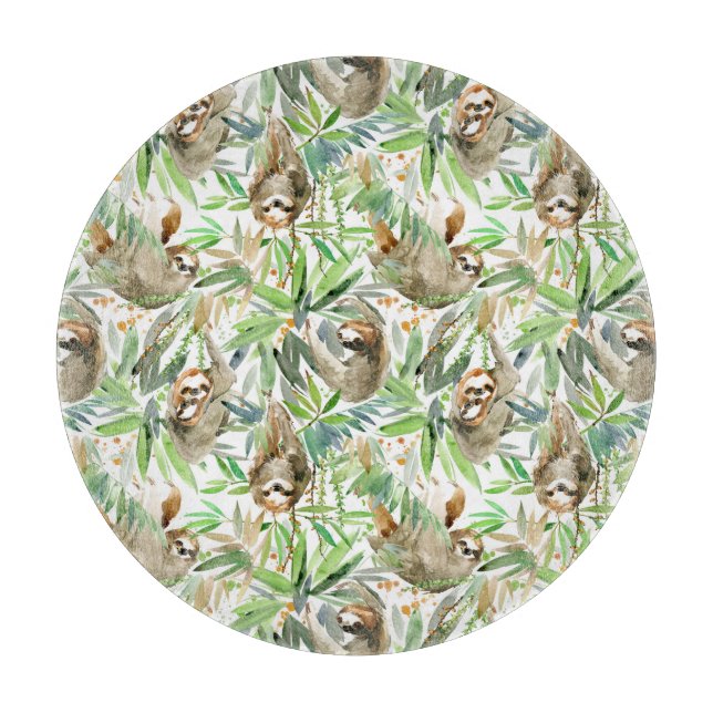 Tropical Watercolor Sloth Pattern Cutting Board (Front)