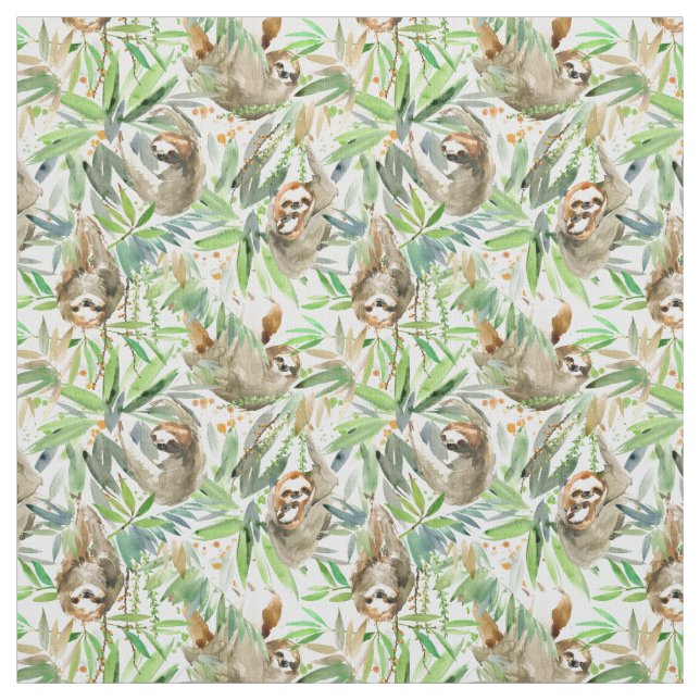 Tropical Watercolor Sloth Pattern Fabric (Swatch)