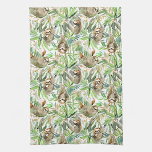 Tropical Watercolor Sloth Pattern Kitchen Towel