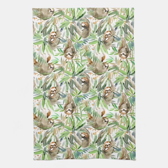 Tropical Watercolor Sloth Pattern Kitchen Towel (Vertical)