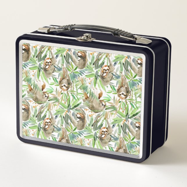 Tropical Watercolor Sloth Pattern Metal Lunch Box (Front)
