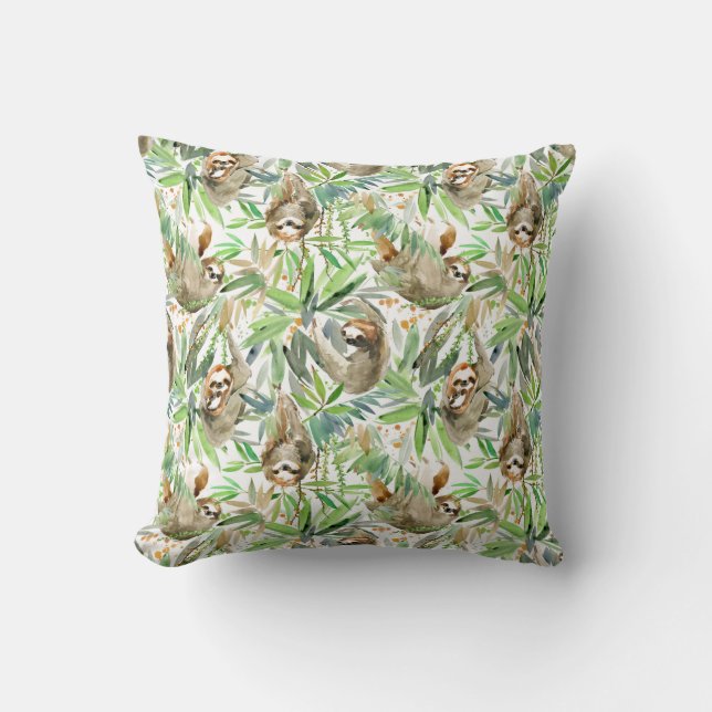 Tropical Watercolor Sloth Pattern Throw Pillow (Front)