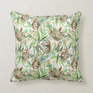 Tropical Watercolor Sloth Pattern Throw Pillow
