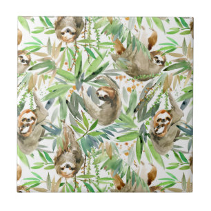 Tropical Watercolor Sloth Pattern Tile