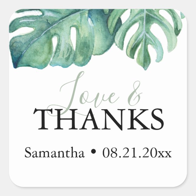 Tropical Watercolor Theme Palm Leaves Square Sticker (Front)