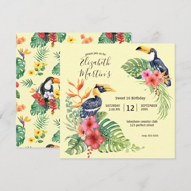 Tropical Watercolor Toucan & Hibiscus Birthday Invitation (Front/Back)